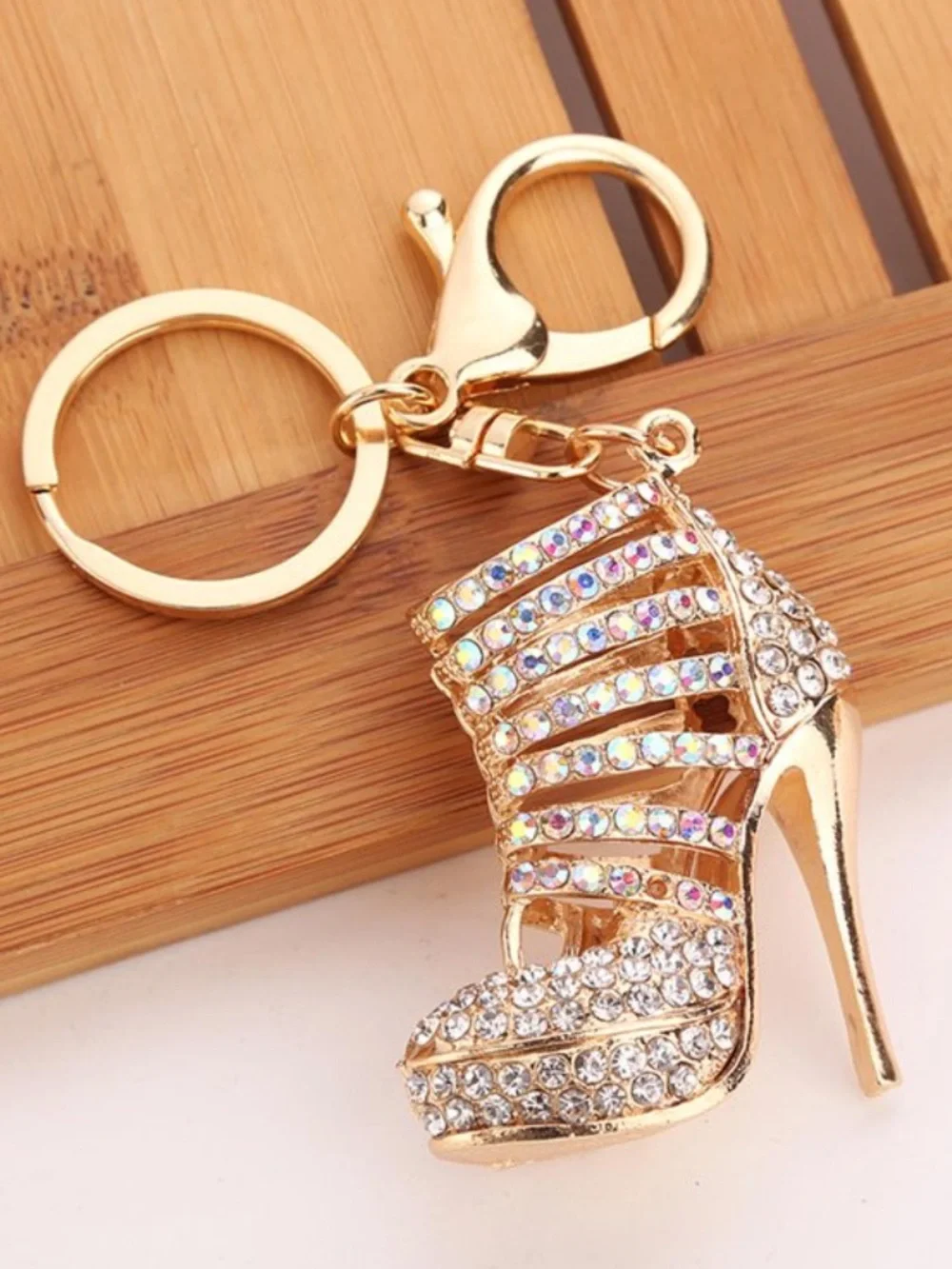 Crystal High Heel Shoe Keychain Bag Charm Gold & Pink Sparkly Bling Rhinestones